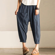 Women Casual Vintage High Elastic Waist Pockets Striped Baggy Harem Pants Turnip Trousers Work OL Wide Leg Pantalon