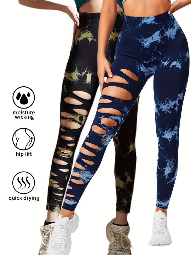 2 Pack Hollow Sexy High Elastic Women's Tie Dye Cutout Tights High Waist Workout Yoga Leggings, Scrunch Butt Lifting Elastic Pants, Tummy Control Butt Lifting Workout Yoga Athletic Pants