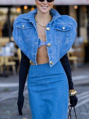 Love Denim Short Jacket & High Waist Skirt Two-Piece Set