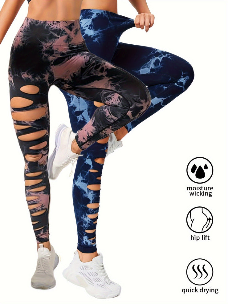 2 Pack Hollow Sexy High Elastic Women's Tie Dye Cutout Tights High Waist Workout Yoga Leggings, Scrunch Butt Lifting Elastic Pants, Tummy Control Butt Lifting Workout Yoga Athletic Pants