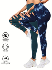 2 Pack Hollow Sexy High Elastic Women's Tie Dye Cutout Tights High Waist Workout Yoga Leggings, Scrunch Butt Lifting Elastic Pants, Tummy Control Butt Lifting Workout Yoga Athletic Pants