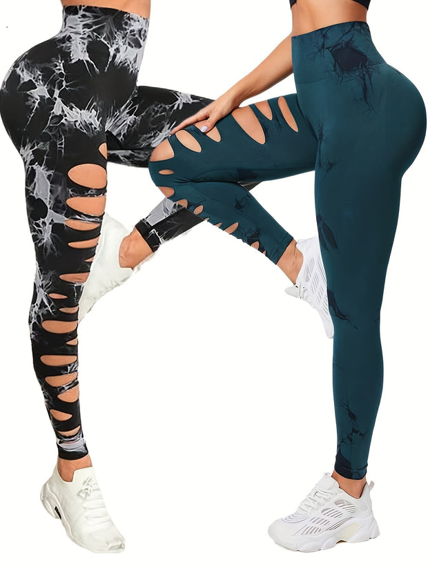 2 Pack Hollow Sexy High Elastic Women's Tie Dye Cutout Tights High Waist Workout Yoga Leggings, Scrunch Butt Lifting Elastic Pants, Tummy Control Butt Lifting Workout Yoga Athletic Pants