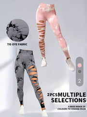 2 Pack Hollow Sexy High Elastic Women's Tie Dye Cutout Tights High Waist Workout Yoga Leggings, Scrunch Butt Lifting Elastic Pants, Tummy Control Butt Lifting Workout Yoga Athletic Pants